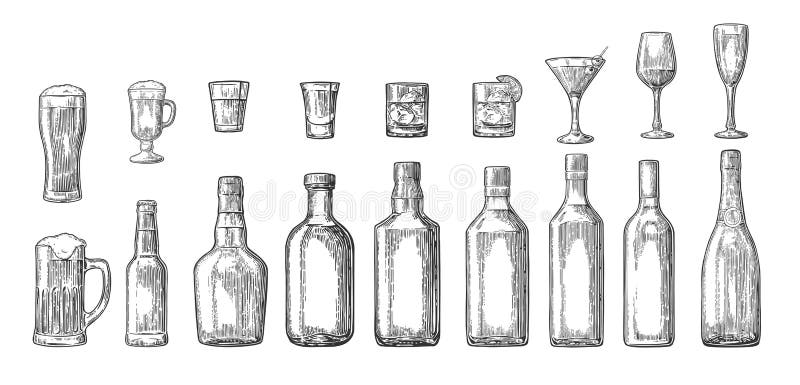 Ajuste a cerveja do vidro e da garrafa, uísque, vinho, gim, rum, tequila, cocktail ilustração do vetor Ajuste a cerveja do vidro e da garrafa, uísque, vinho, gim, rum, tequila, cocktail ilustração do vetor