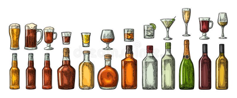 Ajuste a cerveja do vidro e da garrafa, uísque, vinho, gim, rum, tequila, conhaque, champanhe, cocktail, grogue ilustração stock Ajuste a cerveja do vidro e da garrafa, uísque, vinho, gim, rum, tequila, conhaque, champanhe, cocktail, grogue ilustração stock