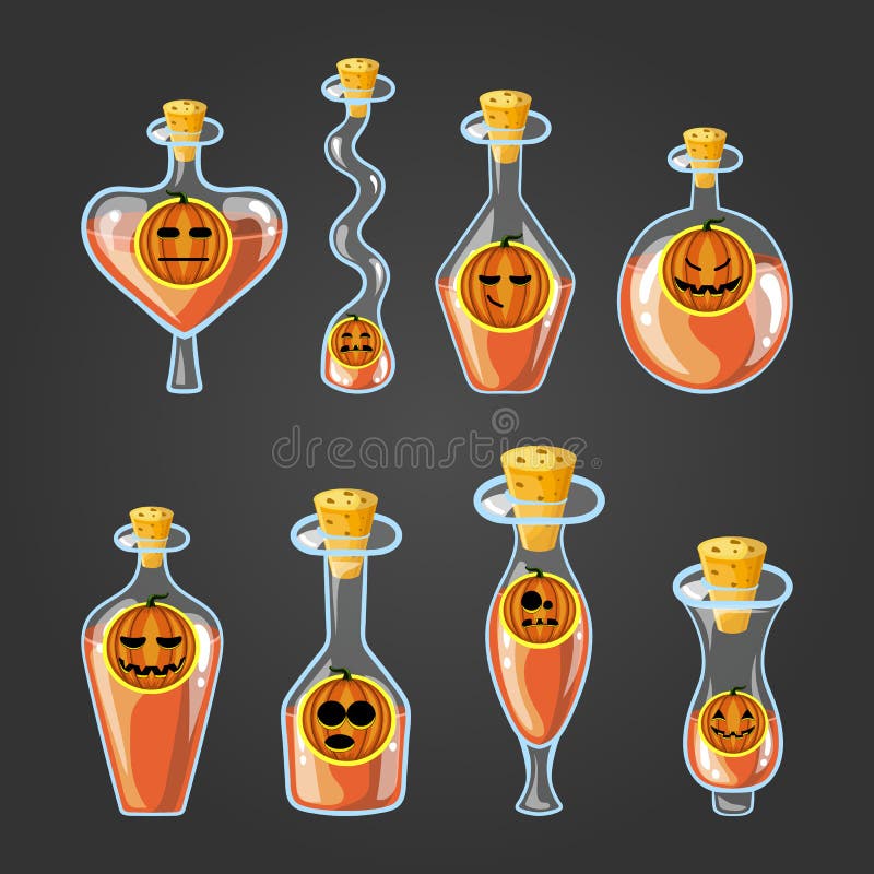 Ajuste com as garrafas diferentes da poção da abóbora ilustração royalty free Ajuste com as garrafas diferentes da poção da abóbora ilustração royalty free