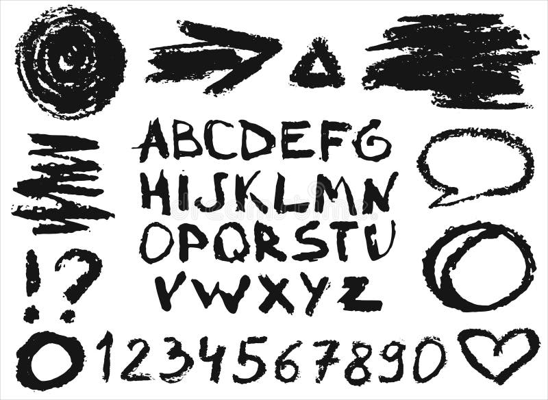 Ajuste com os números, as letras e os objetos diferentes pintados com giz do carvão vegetal Ilustração tirada mão, elementos do v ilustração stock Ajuste com os números, as letras e os objetos diferentes pintados com giz do carvão vegetal Ilustração tirada mão, elementos do v ilustração stock