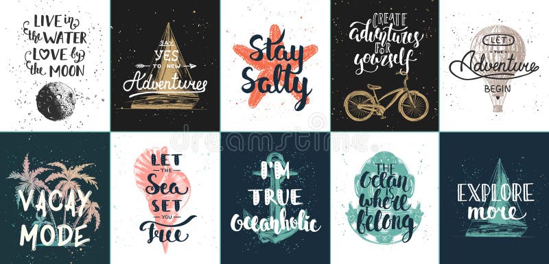Set of 10 vector summer adventure and travel motivational and inspirational posters, cards, decoration, prints, t-shirt design. Hand drawn typography. Handwritten lettering, brush calligraphy. Set of 10 vector summer adventure and travel motivational and inspirational posters, cards, decoration, prints, t-shirt design. Hand drawn typography. Handwritten lettering, brush calligraphy