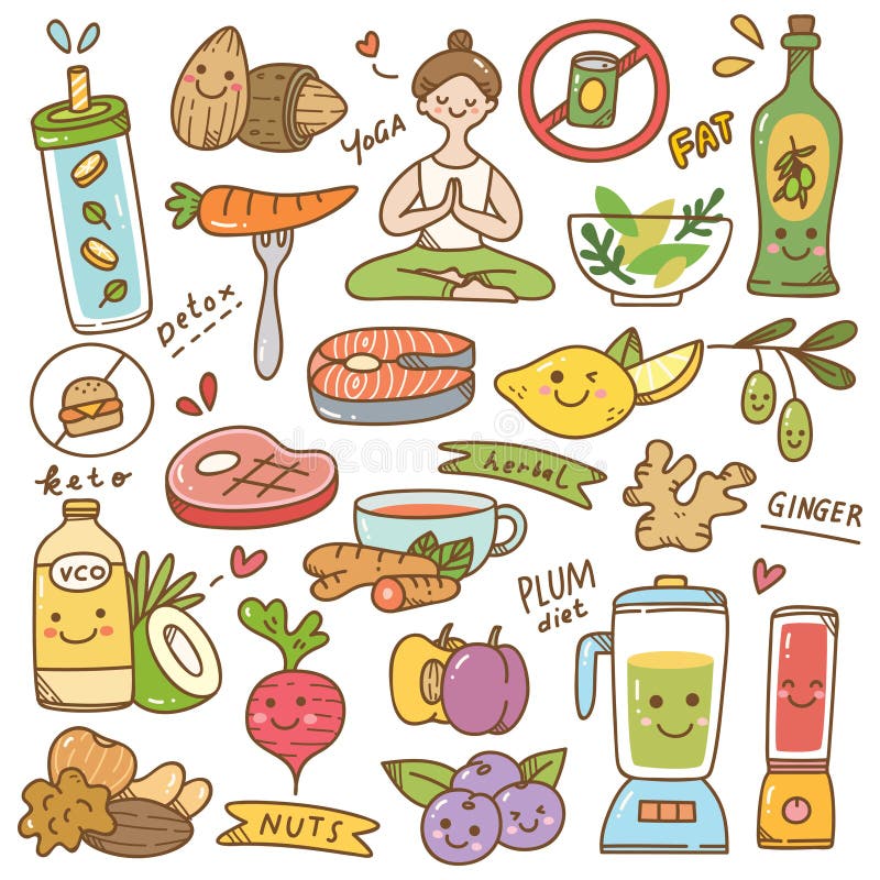 Ajuste da garatuja do kawaii da dieta ilustração stock Ajuste da garatuja do kawaii da dieta ilustração stock