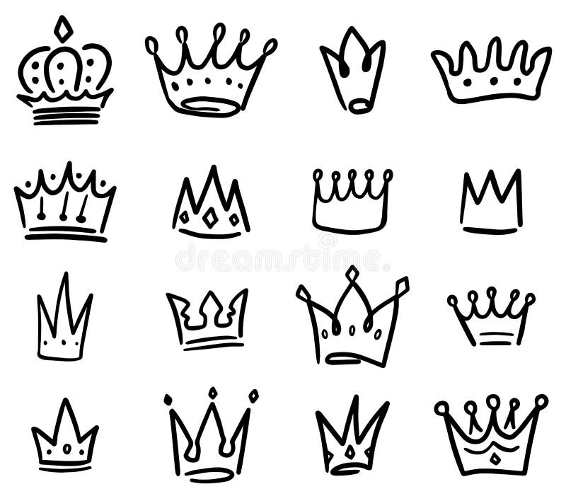 Ajuste das ilustrações da coroa no estilo de esboço Símbolos da corona Ícones da tiara