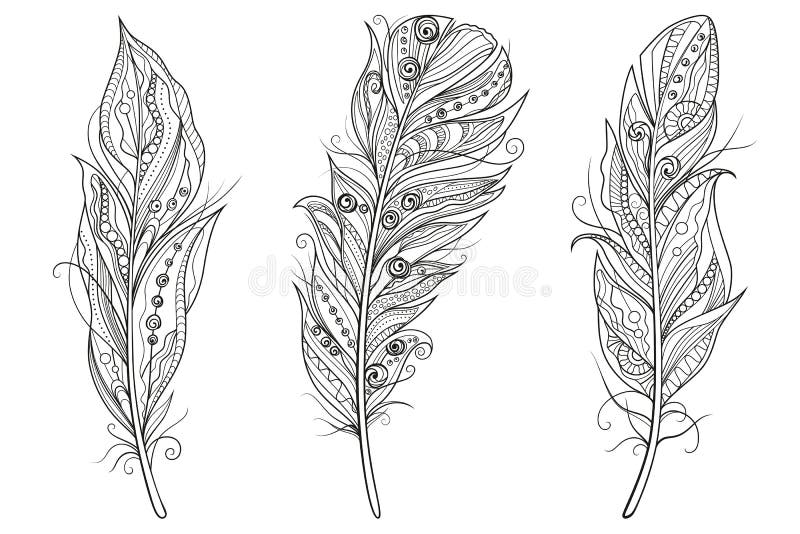 Ajuste das penas estilizados do esboço no fundo branco Rabiscar da ilustração do vetor e estilo altamente detalhados do zentangle ilustração do vetor Ajuste das penas estilizados do esboço no fundo branco Rabiscar da ilustração do vetor e estilo altamente detalhados do zentangle ilustração do vetor