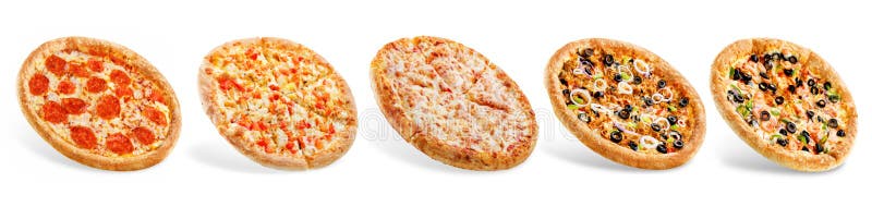 Ajuste das pizzas: pepperone, queijo, galinha e tomates, atum, camarão imagem de stock Ajuste das pizzas: pepperone, queijo, galinha e tomates, atum, camarão imagem de stock