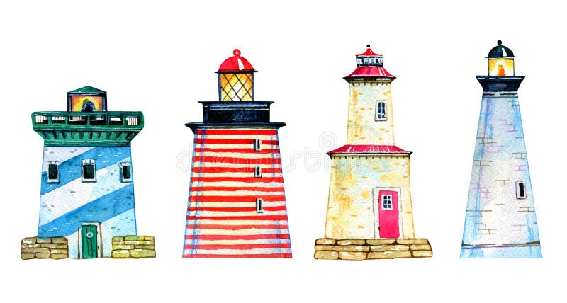 Ajuste de quatro faróis coloridos dos desenhos animados Ilustração tirada mão da aguarela ilustração do vetor Ajuste de quatro faróis coloridos dos desenhos animados Ilustração tirada mão da aguarela ilustração do vetor