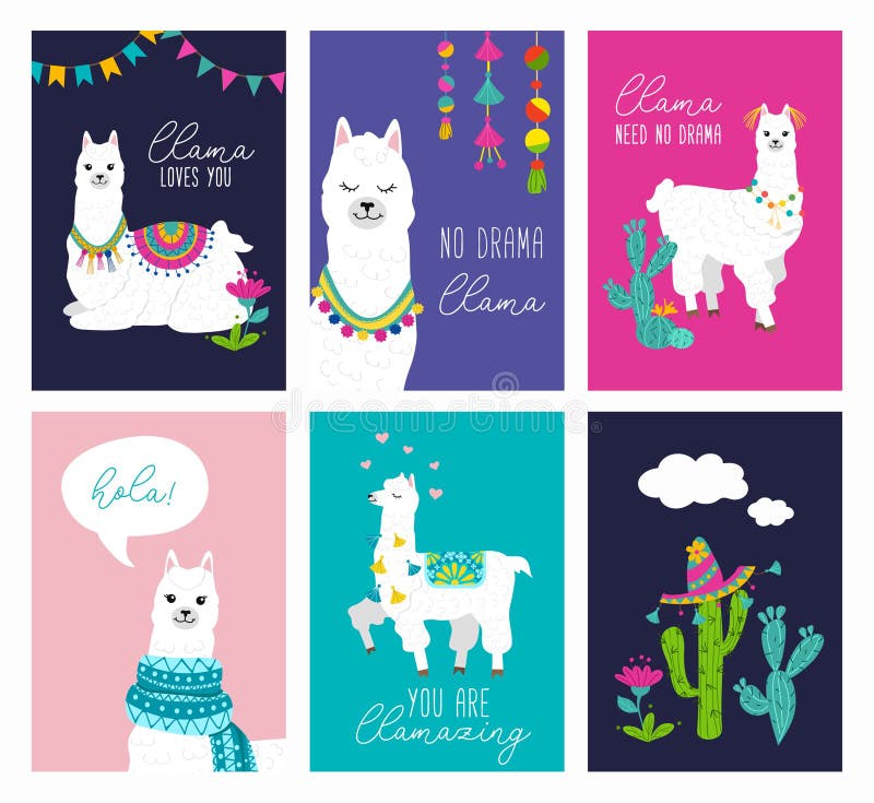 Ajuste do cartão bonito com alpacas Cartazes inspirados dos lamas com projeto colorido e citações inspiradas O lama ama-o Não ilustração stock Ajuste do cartão bonito com alpacas Cartazes inspirados dos lamas com projeto colorido e citações inspiradas O lama ama-o Não ilustração stock