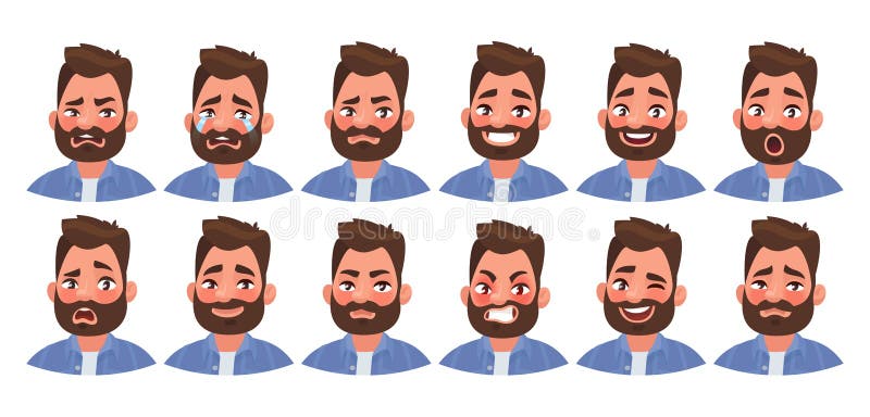 Ajuste do caráter masculino das emoções diferentes Emoji considerável do homem com várias expressões faciais