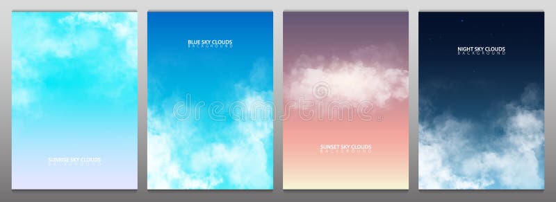 Ajuste do céu com as nuvens realísticas brancas por do sol, nascer do sol Azul e céu noturno Ilustração do vetor ilustração royalty free Ajuste do céu com as nuvens realísticas brancas por do sol, nascer do sol Azul e céu noturno Ilustração do vetor ilustração royalty free
