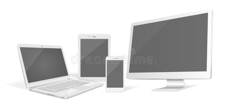 Ajuste do monitor, do portátil, da tabuleta e do telefone realísticos do computador do gráfico de vetor ilustração stock Ajuste do monitor, do portátil, da tabuleta e do telefone realísticos do computador do gráfico de vetor ilustração stock