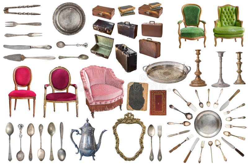 Ajuste dos artigos velhos lindos do vintage Pratos velhos, dispositivos, chaleiras, cadeiras, livros, moedor de caf?, casti?al, m imagem de stock Ajuste dos artigos velhos lindos do vintage Pratos velhos, dispositivos, chaleiras, cadeiras, livros, moedor de caf?, casti?al, m imagem de stock