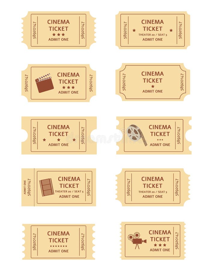 Ajuste dos desenhos animados retros dos bilhetes do cinema ou do estilo liso ilustração do vetor Ajuste dos desenhos animados retros dos bilhetes do cinema ou do estilo liso ilustração do vetor
