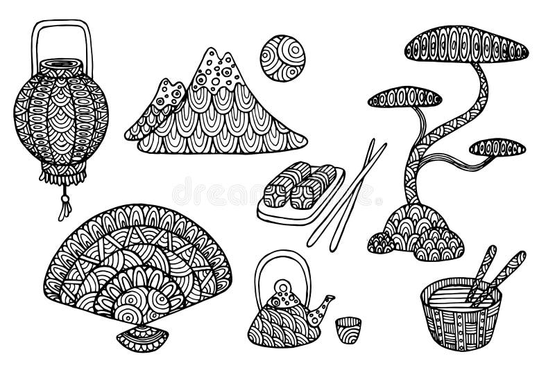 Ajuste dos elementos decorativos japonês ilustração royalty free Ajuste dos elementos decorativos japonês ilustração royalty free
