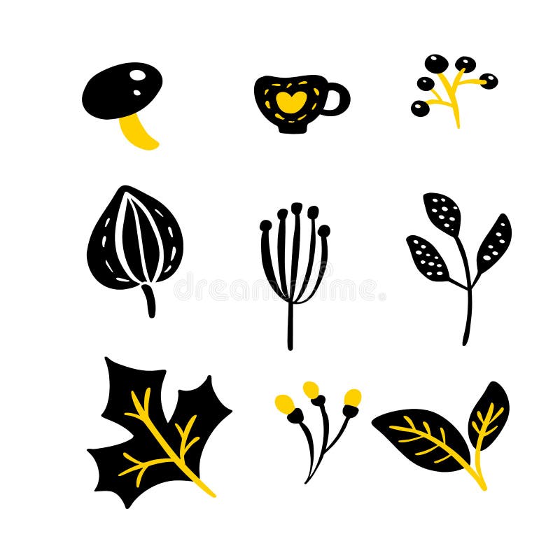 Ajuste dos elementos florais da garatuja do vetor Cole??o do outono Ervas, folhas, cogumelo, copo e flores selvagens Gr?fico da f ilustração stock Ajuste dos elementos florais da garatuja do vetor Cole??o do outono Ervas, folhas, cogumelo, copo e flores selvagens Gr?fico da f ilustração stock