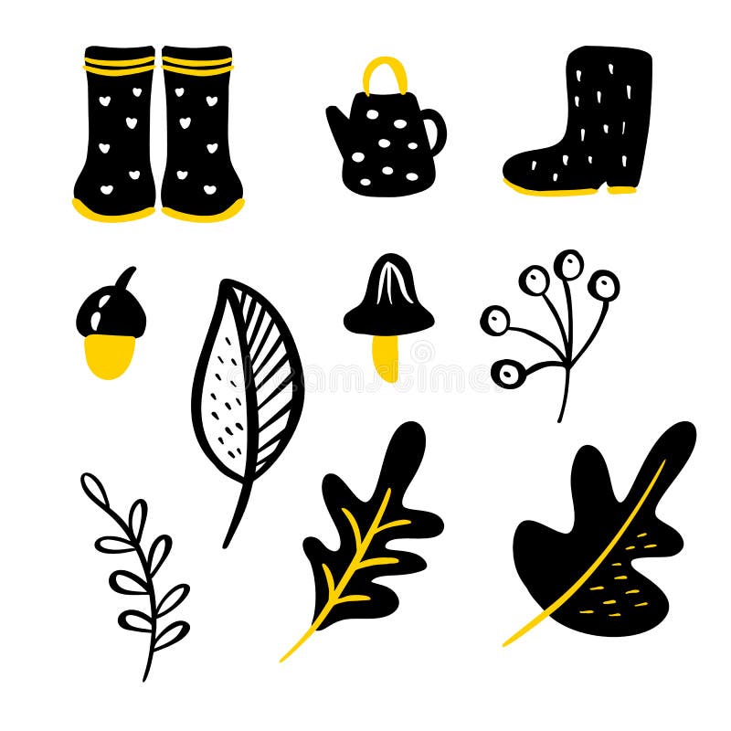 Ajuste dos elementos florais da garatuja do vetor Cole??o do outono Projeto gr?fico da flor Ervas, folhas, botas, bule e selvagem ilustração stock Ajuste dos elementos florais da garatuja do vetor Cole??o do outono Projeto gr?fico da flor Ervas, folhas, botas, bule e selvagem ilustração stock