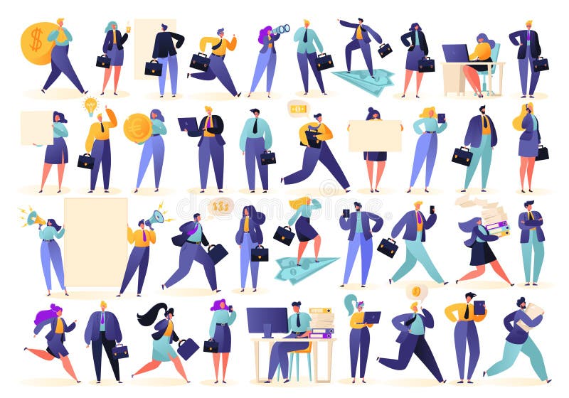 Ajuste dos executivos bem sucedidos em situações diferentes, isolado no fundo branco ilustração royalty free Ajuste dos executivos bem sucedidos em situações diferentes, isolado no fundo branco ilustração royalty free