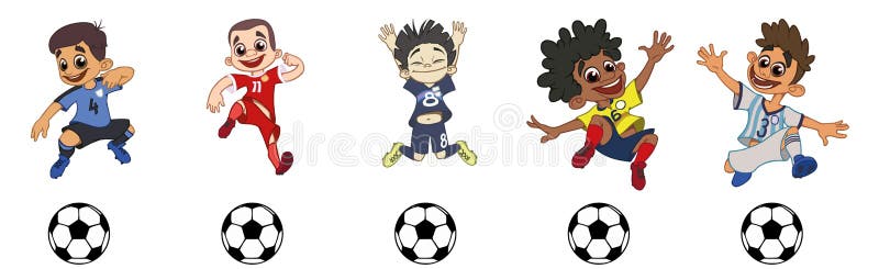 Ajuste dos jogadores de futebol das crianças, um jogo de bola ilustração stock Ajuste dos jogadores de futebol das crianças, um jogo de bola ilustração stock
