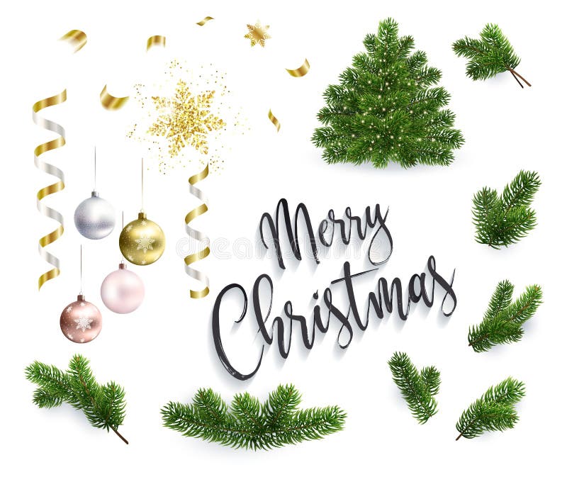 Ajuste dos objetos do Natal, brinquedos, ramos de árvore do abeto ilustração do vetor Ajuste dos objetos do Natal, brinquedos, ramos de árvore do abeto ilustração do vetor