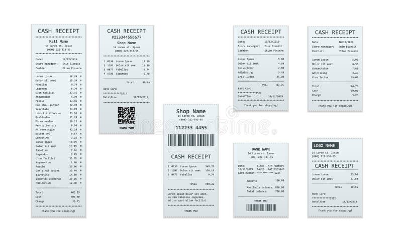 Set of receipt records, design template of bill ATM, paper financial check for mockup. realistic payment paper bills for cash or credit card transaction. Set of receipt records, design template of bill ATM, paper financial check for mockup. realistic payment paper bills for cash or credit card transaction