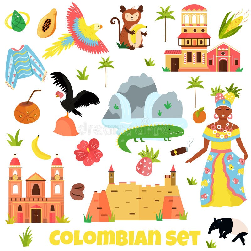 Ajuste dos símbolos coloridos, marcos de Colômbia ilustração do vetor Ajuste dos símbolos coloridos, marcos de Colômbia ilustração do vetor