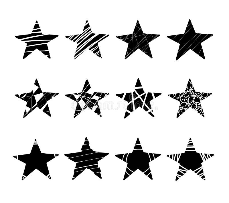 Ajuste dos vetores pretos da estrela isolados em um fundo branco Doze projetos sortidos ilustração royalty free Ajuste dos vetores pretos da estrela isolados em um fundo branco Doze projetos sortidos ilustração royalty free