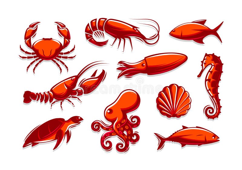 Ajuste dos ícones das criaturas do mar Caranguejo, camarão, atum, calamar, lagosta, polvo, escudo, tartaruga, coleção do cavalo m ilustração royalty free Ajuste dos ícones das criaturas do mar Caranguejo, camarão, atum, calamar, lagosta, polvo, escudo, tartaruga, coleção do cavalo m ilustração royalty free