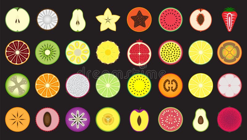 Ajuste dos ícones frutos frescos e coloridos e as bagas cortados ao meio, isolado ilustração stock Ajuste dos ícones frutos frescos e coloridos e as bagas cortados ao meio, isolado ilustração stock