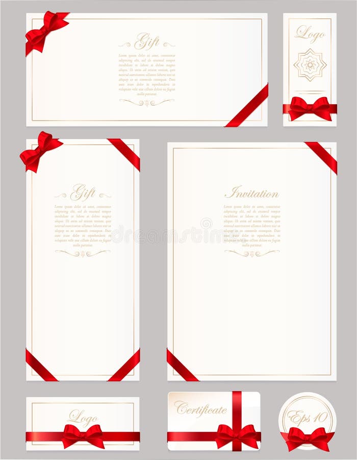 Ajuste o vale-oferta, o certificado e o comprovante no fundo cinzento Curva larga do presente com quadro vermelho da fita e do es ilustração royalty free Ajuste o vale-oferta, o certificado e o comprovante no fundo cinzento Curva larga do presente com quadro vermelho da fita e do es ilustração royalty free
