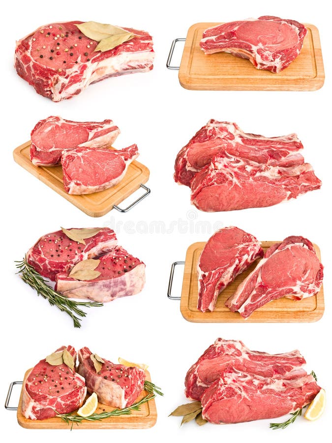 Ajuste pela coleção fresca da carne crua no branco fotos de stock Ajuste pela coleção fresca da carne crua no branco fotos de stock