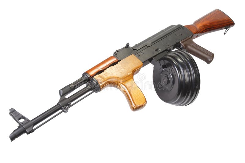 AK 47 assault rifle with round drum magazine. 