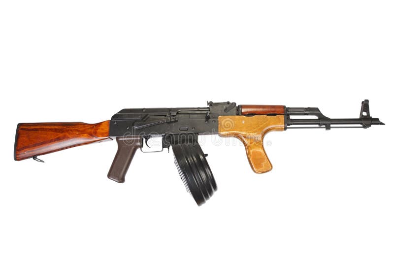 AK 47 assault rifle with round drum magazine isolated. Metal steel drum stock images, royalty-free photos and pictures
