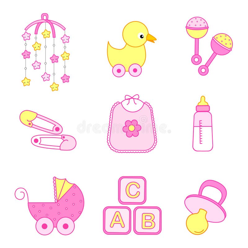 Cute baby girl icon collection including bib, carriage, safety pins, pacifier, feeding bottle, mobile, duck isolated on white background. Cute baby girl icon collection including bib, carriage, safety pins, pacifier, feeding bottle, mobile, duck isolated on white background.