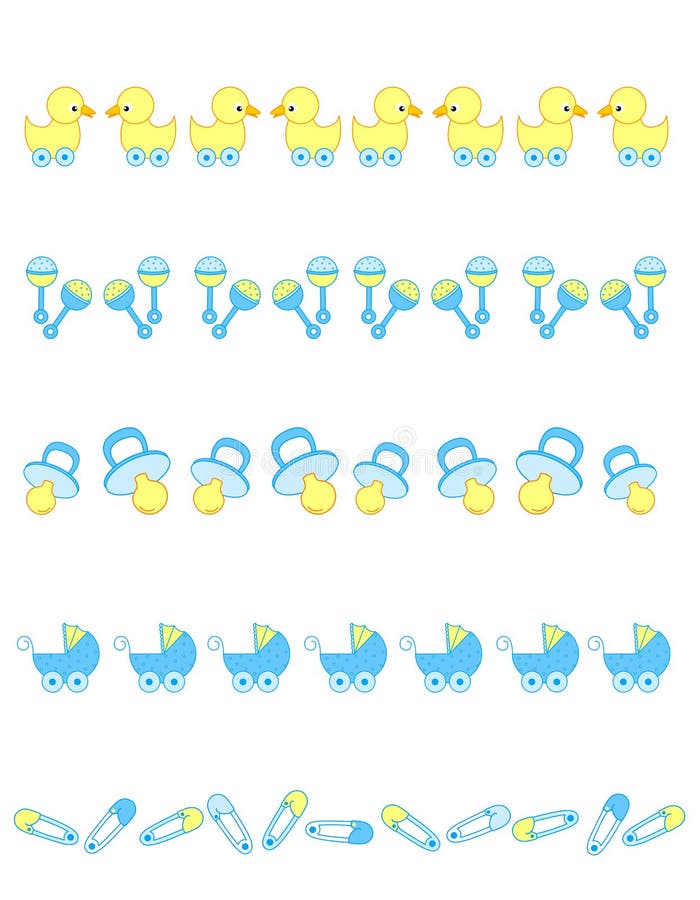 Cute baby boy divider collection including carriage, safety pins, pacifier, duck , rattle isolated on white background. Cute baby boy divider collection including carriage, safety pins, pacifier, duck , rattle isolated on white background.