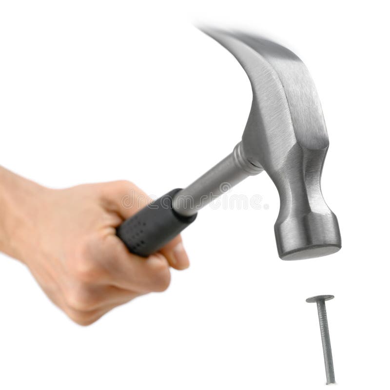 Studio isolated hammer hitting a nail, with partial motion blur at the tool's top. Studio isolated hammer hitting a nail, with partial motion blur at the tool's top