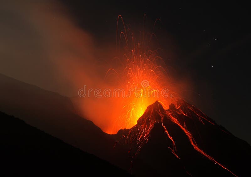 Picture of volcano stromboli with its typical eruptions. Viwe from old route on height 600m. Picture of volcano stromboli with its typical eruptions. Viwe from old route on height 600m