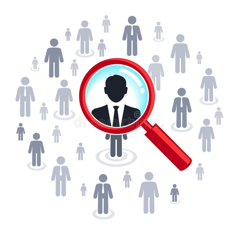 Job search and career choice, magnifying glass searching people. Job search and career choice, magnifying glass searching people