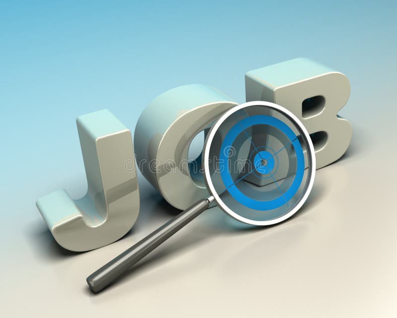 Word job written with 3d letters onto a blue and beige background with a magnifier including a blue target. Word job written with 3d letters onto a blue and beige background with a magnifier including a blue target.