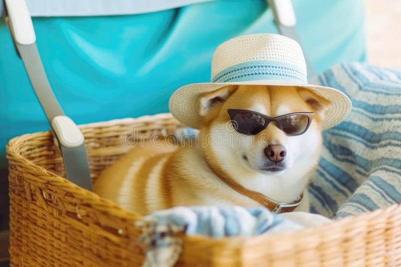 Akita inu perro con gafas de sol y sombrero sentado en una maleta. concepto de viaje con perro. ai generativo ilustración del vector