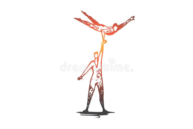Akrobatiskt cirkus, jämvikt, kapacitet, samarbetsbegrepp Hand dragen isolerad vektor royaltyfri illustrationer Akrobatiskt cirkus, jämvikt, kapacitet, samarbetsbegrepp Hand dragen isolerad vektor royaltyfri illustrationer