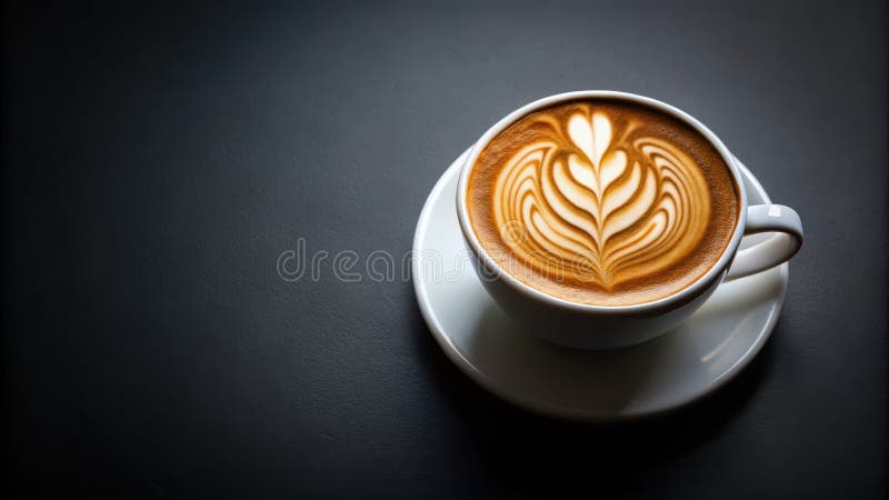 Akromatische Latte Kunst in einer weißen Tasse auf dunkler Oberfläche. Generative AI stock abbildung