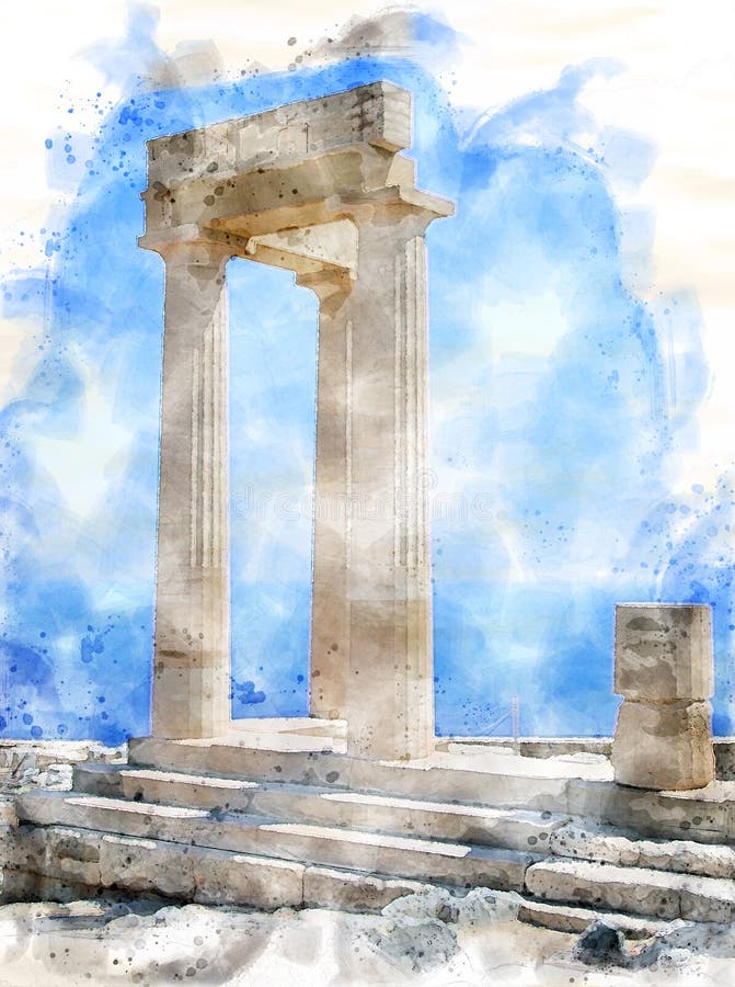 Akropolis w lindos rhodes z błękitnym niebem i morzem latem ilustracja wektor