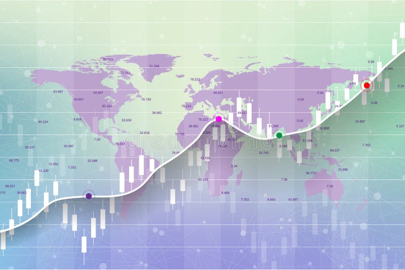 Aktiemarknad och utbyte Diagram för stearinljuspinnegraf av aktiemarknadinvesteringhandeln på världskartabakgrundsdesign vektor illustrationer Aktiemarknad och utbyte Diagram för stearinljuspinnegraf av aktiemarknadinvesteringhandeln på världskartabakgrundsdesign vektor illustrationer