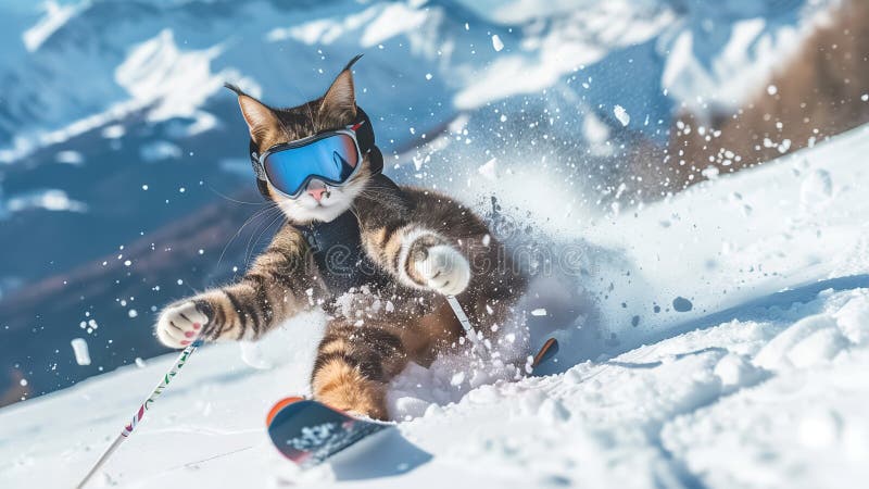 Dynamic image of a tabby cat skiing down a steep snowy mountain with ski poles, splashing snow around in bright sunlight. AI generated. Dynamic image of a tabby cat skiing down a steep snowy mountain with ski poles, splashing snow around in bright sunlight. AI generated