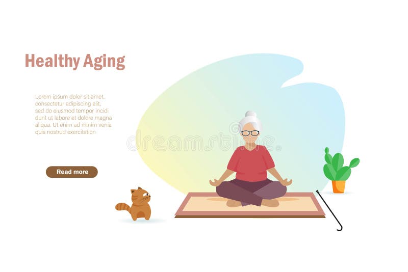 Aktiv mormor som medlar i lotus-position hemma. Hälso- och sjukvård och äldreomsorg stock illustrationer