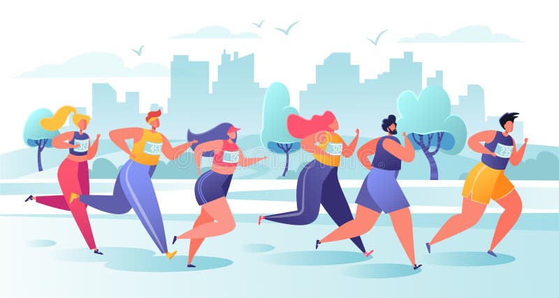 Aktiva folktecken som kör maratonavstånd Sunt livsstilbegrepp, utomhus- sommar vektor illustrationer Aktiva folktecken som kör maratonavstånd Sunt livsstilbegrepp, utomhus- sommar vektor illustrationer