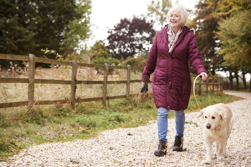 Aktive ältere Frau auf Autumn Walk With Dog On-Weg durch Landschaft