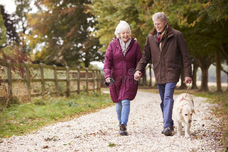 Aktive ältere Paare auf Autumn Walk With Dog On-Weg durch Landschaft