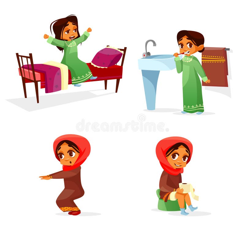 Aktivitet för rutin för morgon för arabisk flicka för vektor daglig royaltyfri illustrationer Aktivitet för rutin för morgon för arabisk flicka för vektor daglig royaltyfri illustrationer