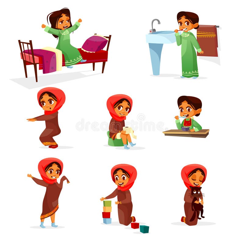 Aktivitet för rutin för morgon för arabisk flicka för vektor daglig royaltyfri illustrationer Aktivitet för rutin för morgon för arabisk flicka för vektor daglig royaltyfri illustrationer