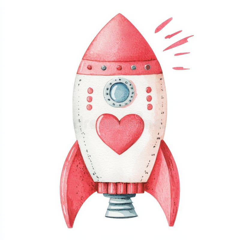 Akvarellillustration av ett sött rosa rymdskepp med ett hjärta, perfekt för alla hjärtans dag vektor illustrationer